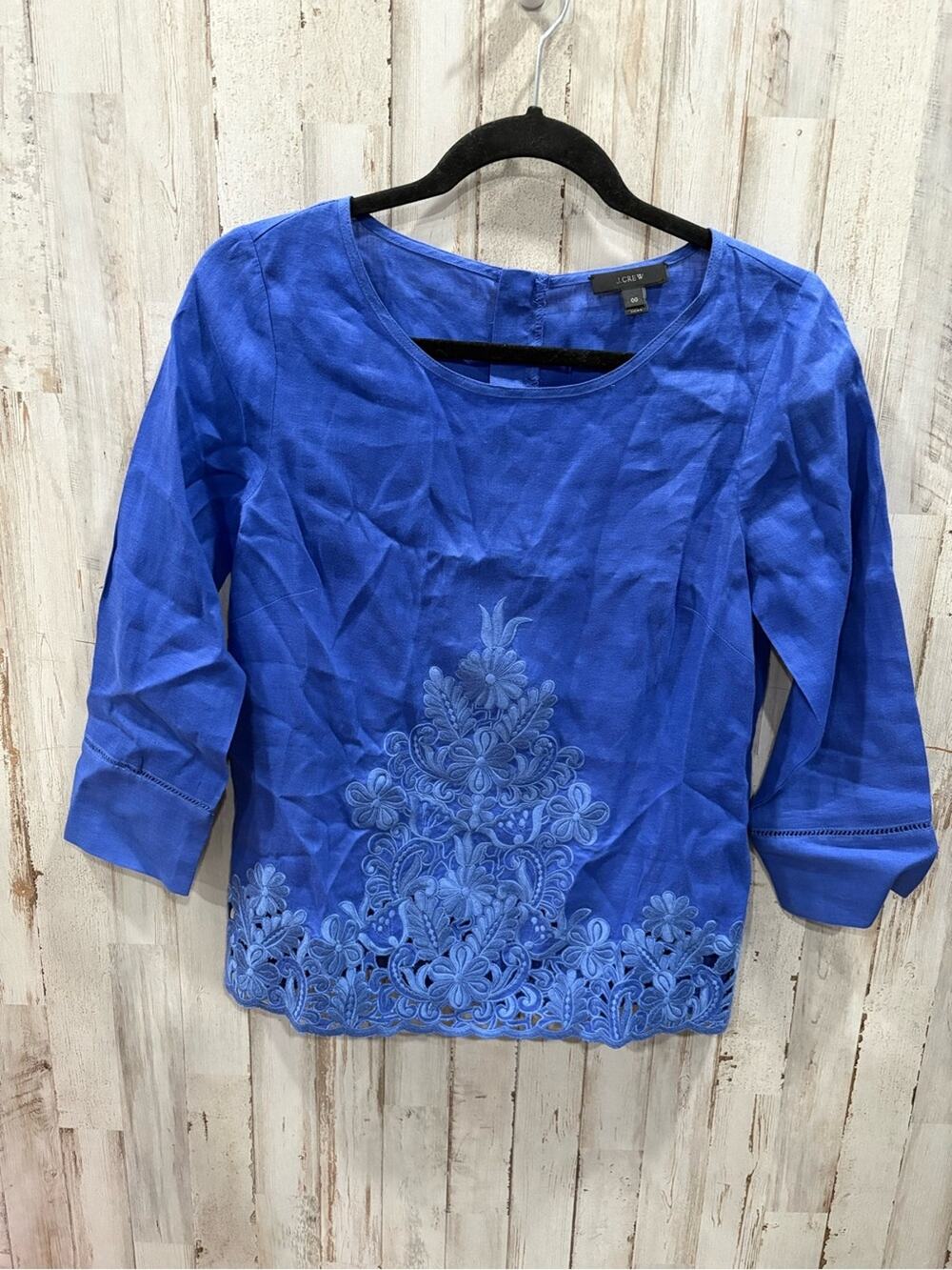 J. Crew Top Size 00 Royal Blue Linen Embroidery 3/4 Sleeve Zip Back Crew C5233